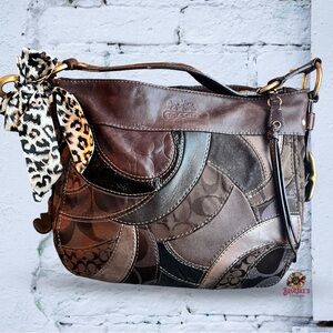 Coach Signature Mosaic Zoe Patchwork Hobo Shoulder Handbag Leather Brown